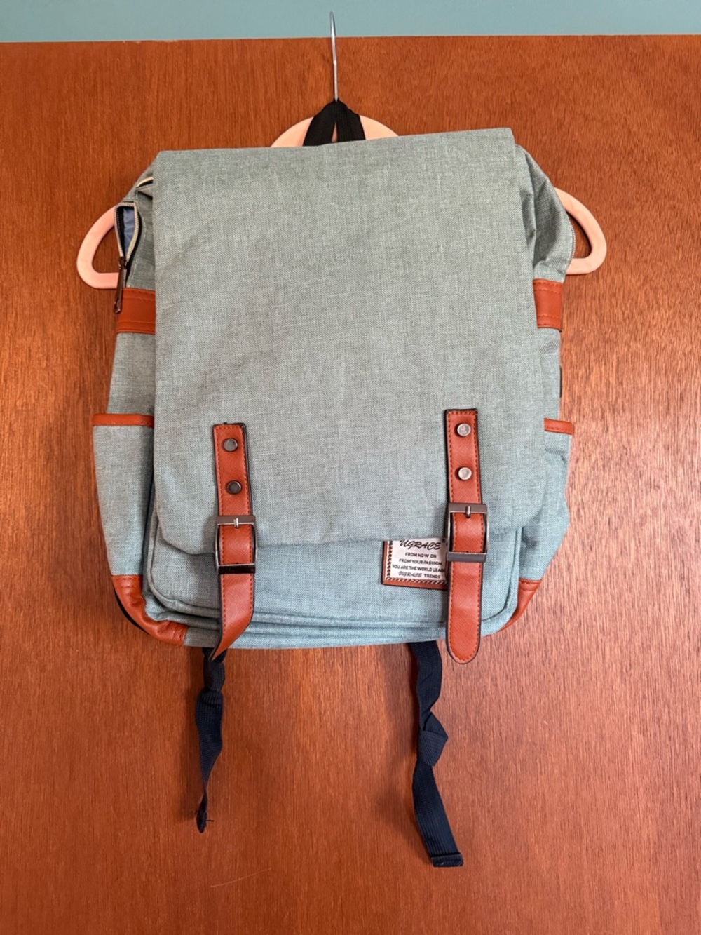 Women's Sage Green Canvas Laptop Backpack with Brown Trim